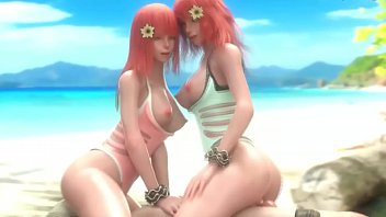 Devola and Popola fuck in the ass with a guy on the beach - NieR Automata