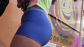 Perfect ass in blue spandex shorts