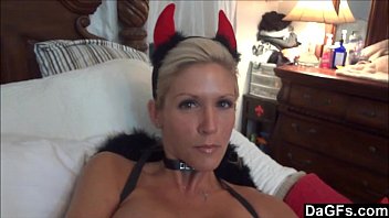 My wife tries her new demon costum and feels horny