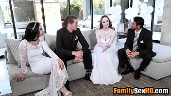 Lesbian brides foursome fucked by their stepfathers