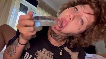 Tatted girl gives rough blowjob until she cries dildo suck
